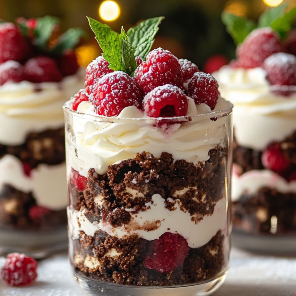 Brownie bites made into a parfait in dessert glasses.